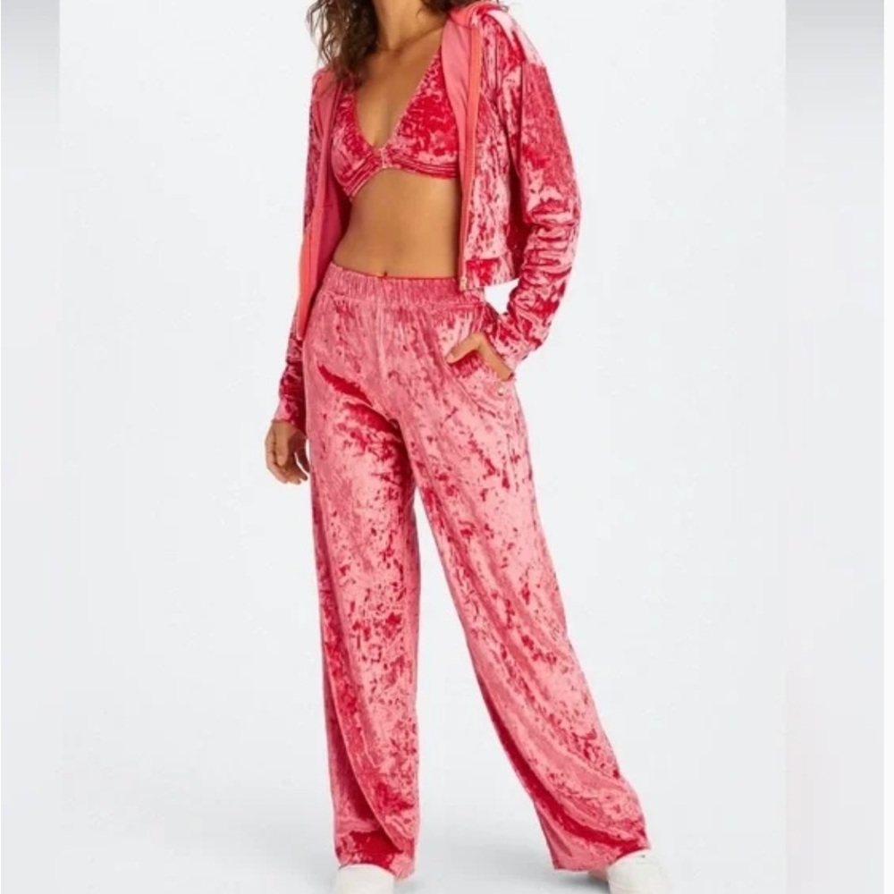 Fabletics SET crushed velour red velvet track suit (jacket + pants)wide leg pant